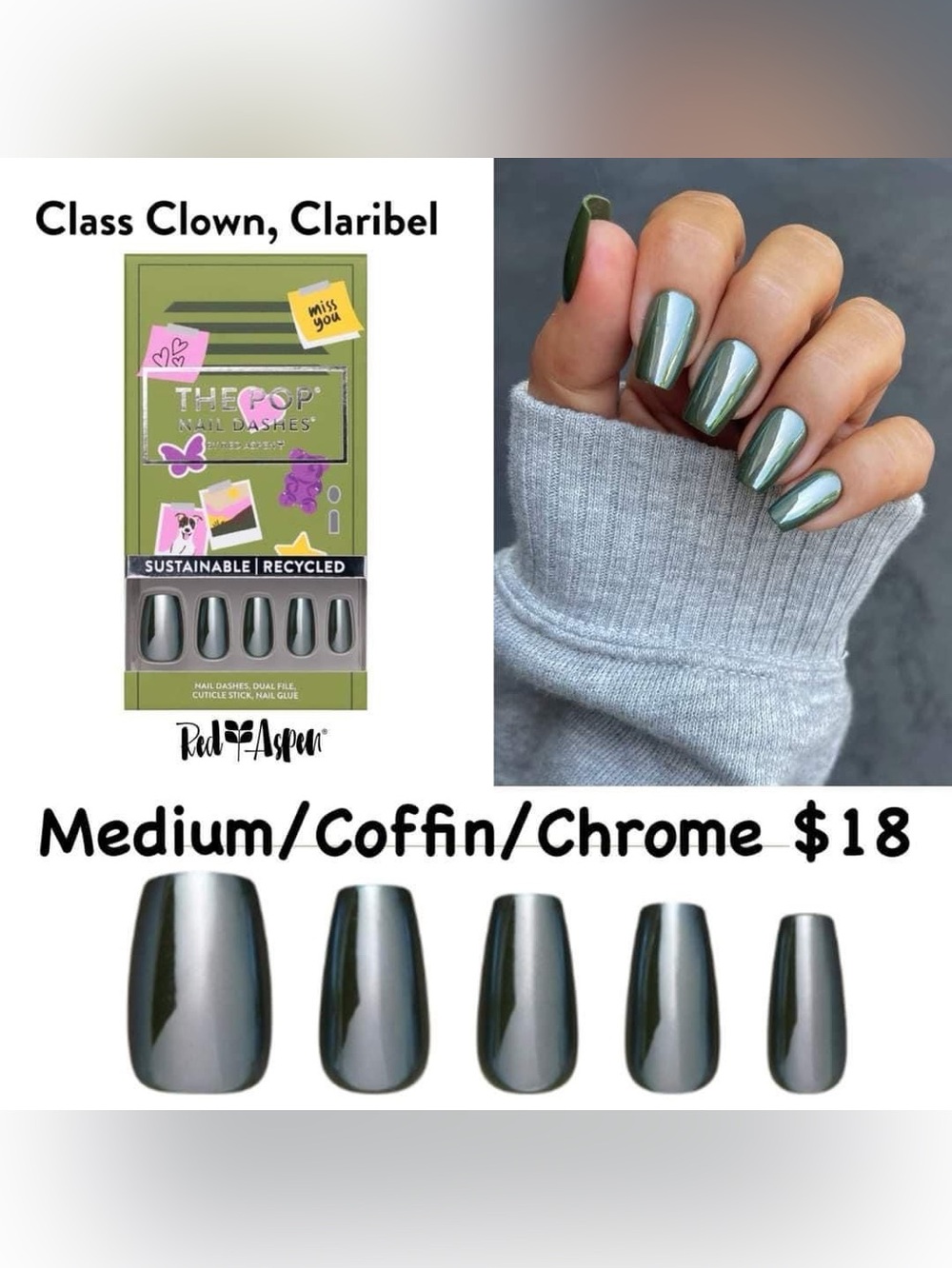 Red Aspen The Pop Chrome Medium Coffin Press-On Nails - Green Chrome